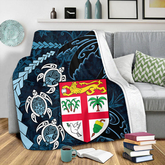 Polynesian Home Set Fiji Coat of Arms Turtle Palm Tree Blanket