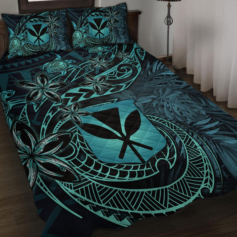 Polynesian Home Set Hawaii Kanaka Maoli Turquoise Tiare Honu Quilt Bed Set