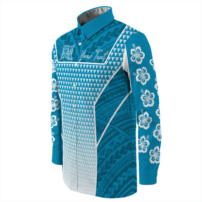 Polynesian Shirt Personalized Kakau Hawaii Polynesian Blue Gradient Long Sleeve Button Shirt