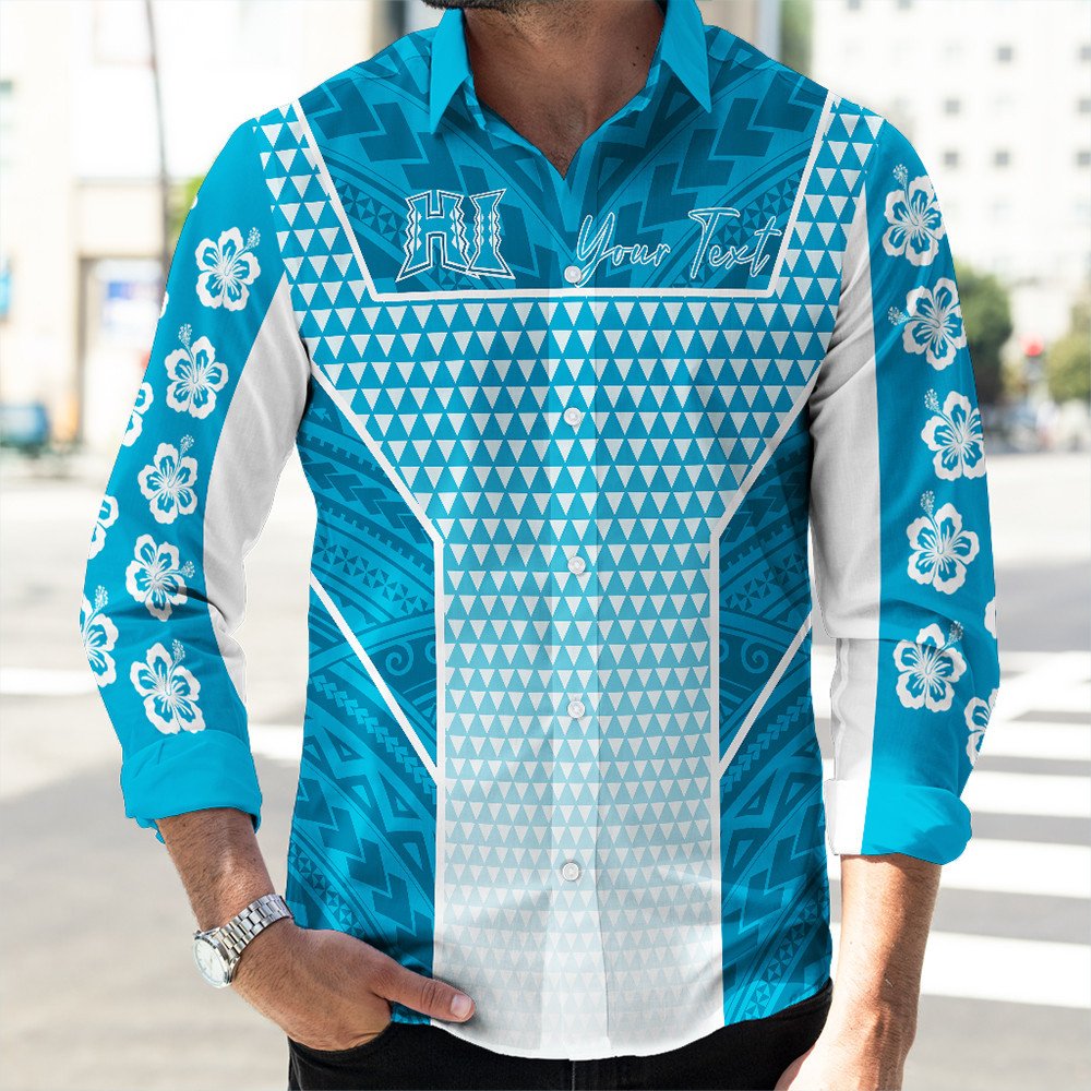 Polynesian Shirt Personalized Kakau Hawaii Polynesian Blue Gradient Long Sleeve Button Shirt