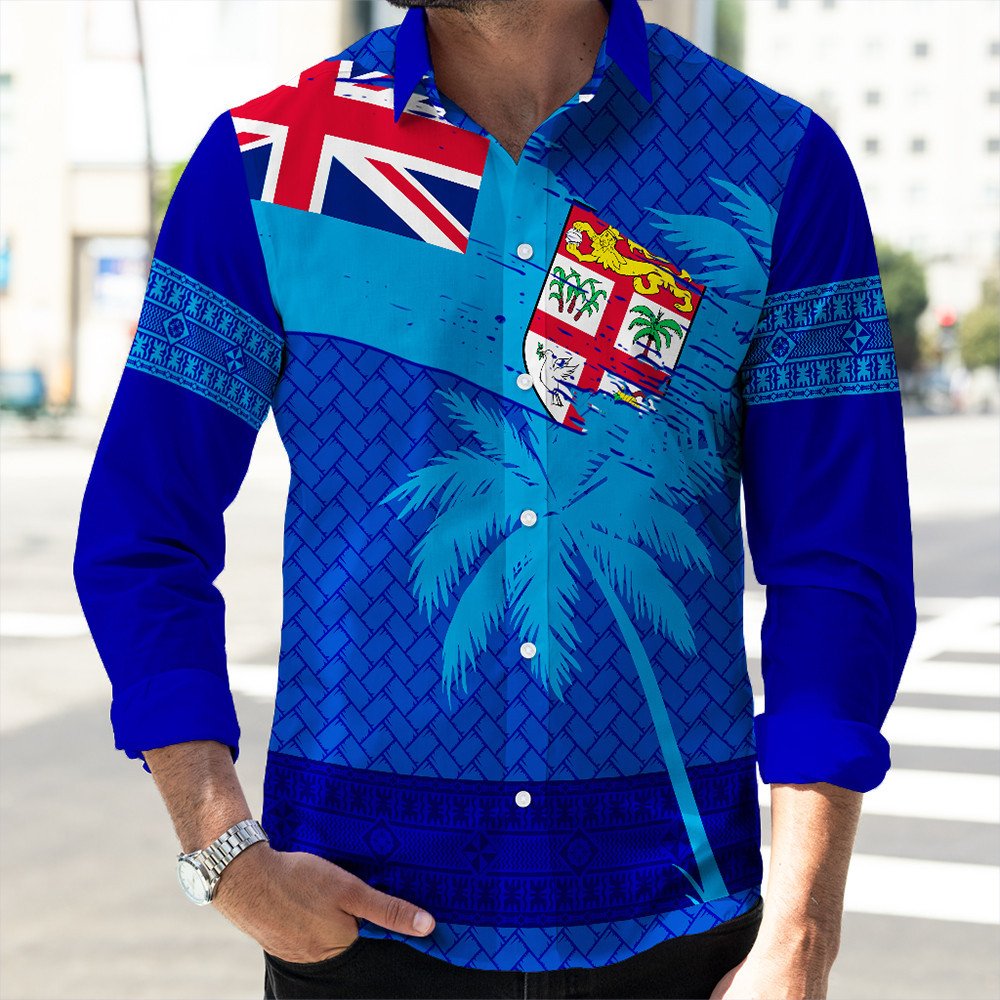 Polynesian Shirt Fiji Palm Tree Coat Of Arms Long Sleeve Button Shirt