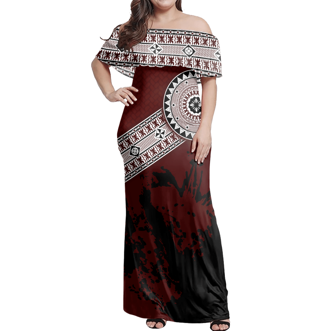Polynesian Pride Dress Fiji Masa Paint Style Off Shoulder Long Dress