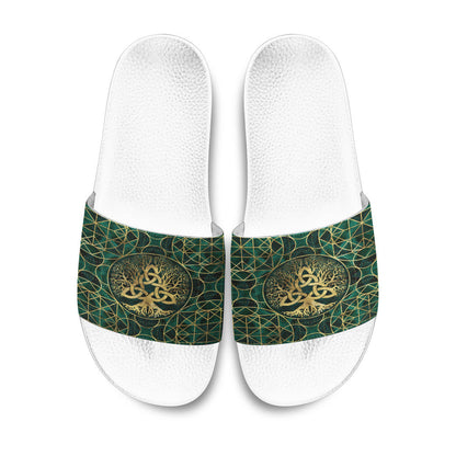 Slide Sandals Tree of Life with Triquetra Malachite and Gold Slide Sandals