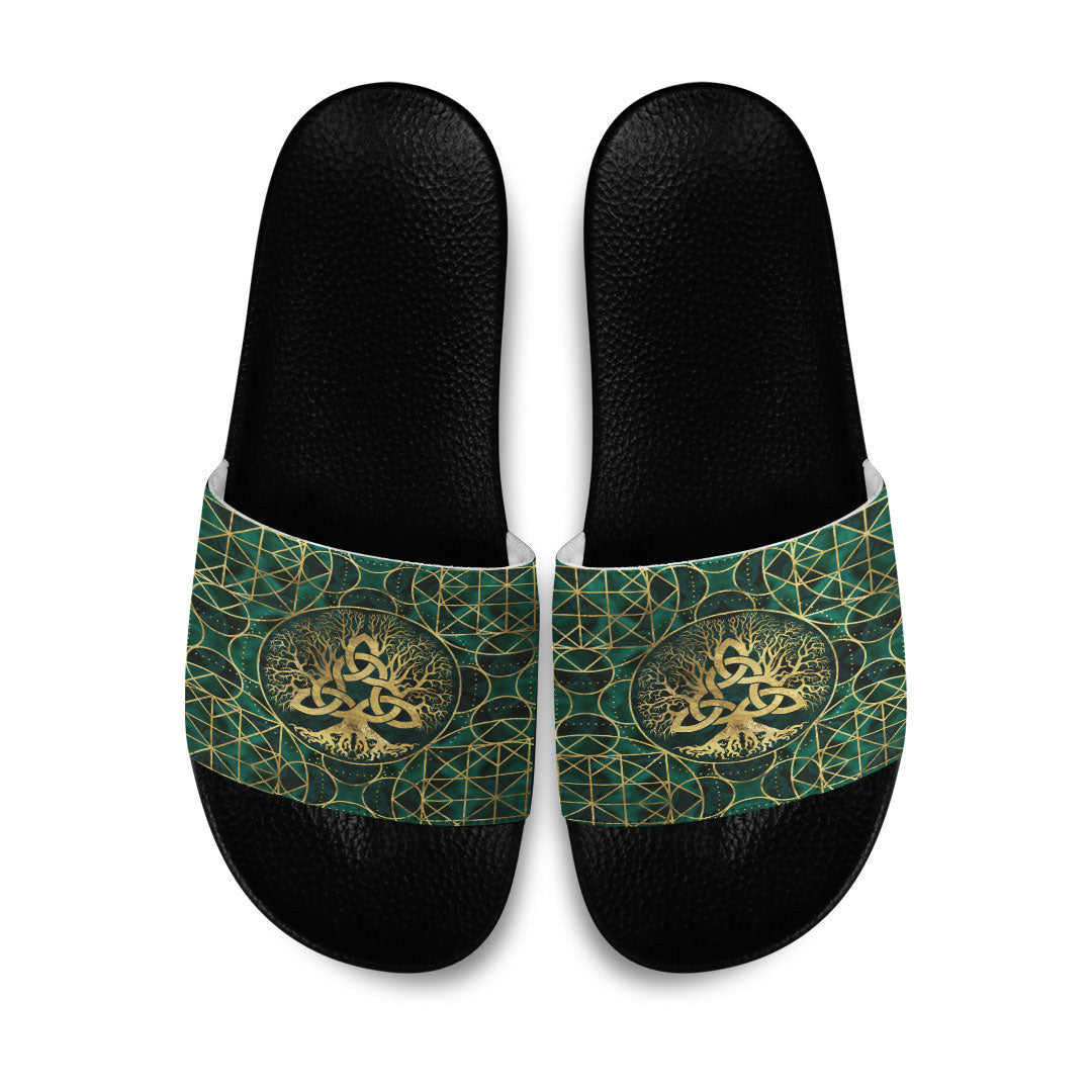 Slide Sandals Tree of Life with Triquetra Malachite and Gold Slide Sandals