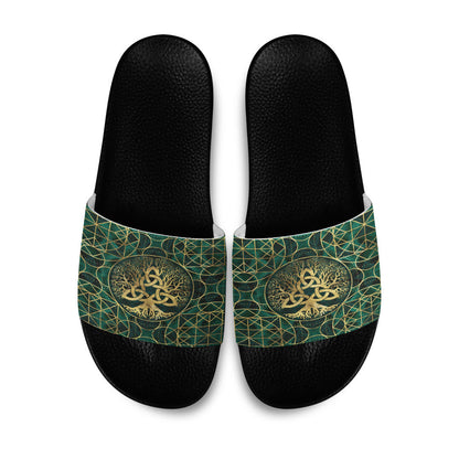 Slide Sandals Tree of Life with Triquetra Malachite and Gold Slide Sandals