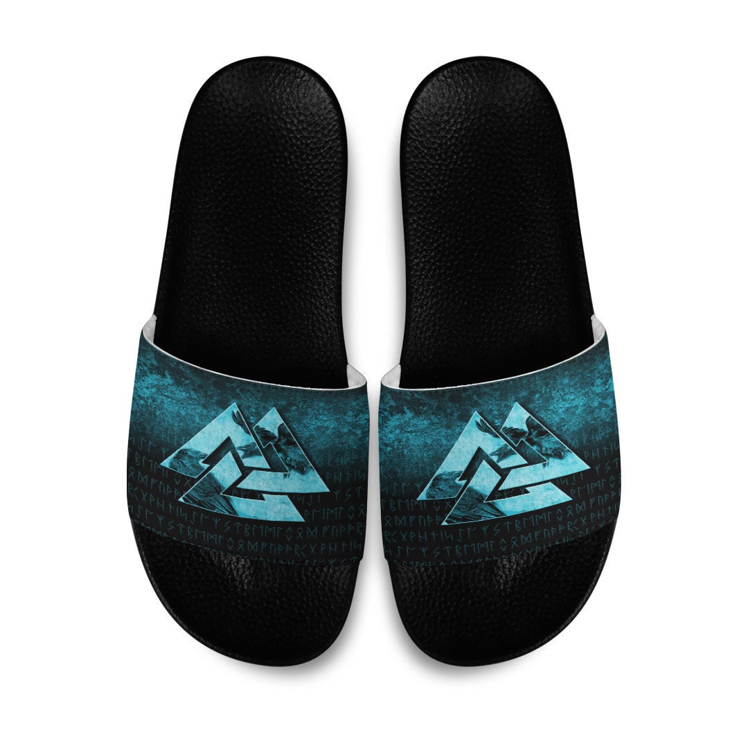 Slide Sandals Huginn Muninn Ravens from Odin Viking Cyan Version Slide Sandals