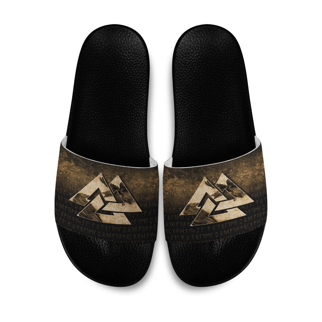 Slide Sandals Huginn Muninn Ravens from Odin Viking Gold Version Slide Sandals