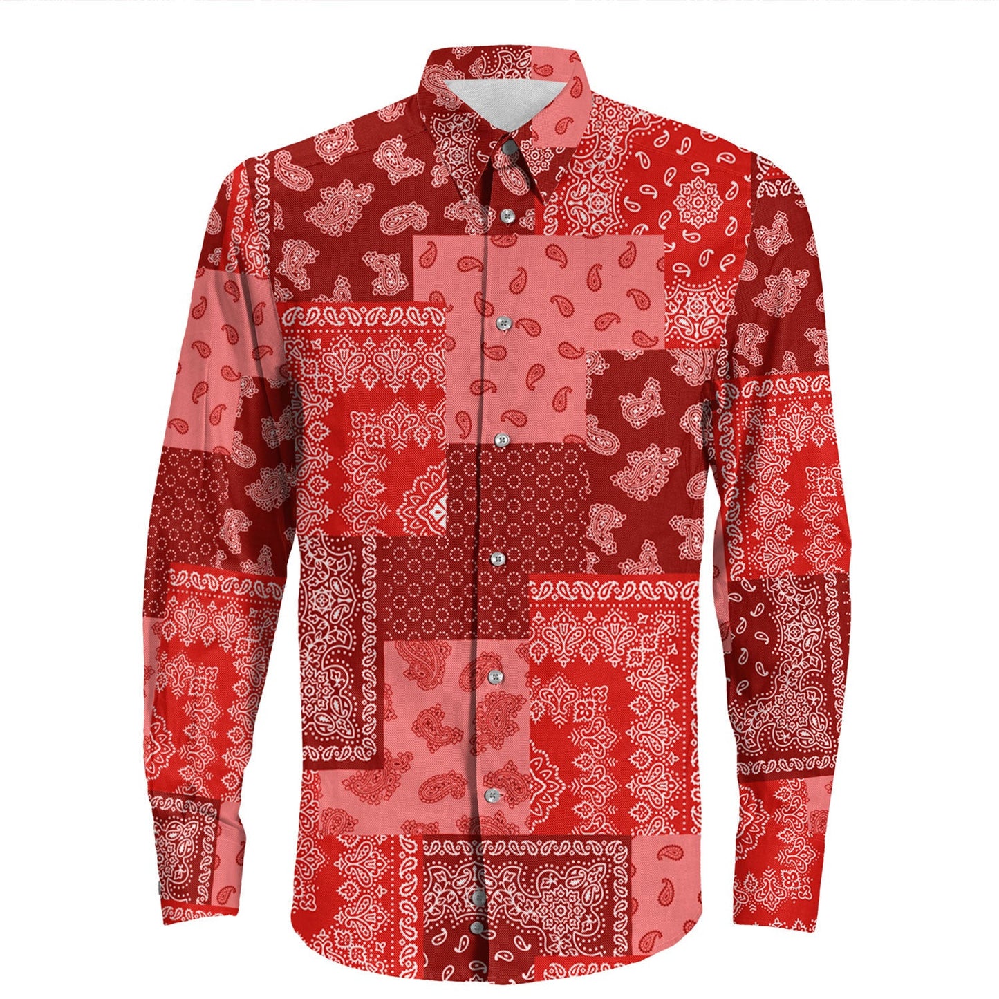 Shirt Paisley Bandana Pattern Seamless Red Long Sleeve Button Shirt