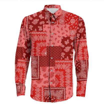 Shirt Paisley Bandana Pattern Seamless Red Long Sleeve Button Shirt