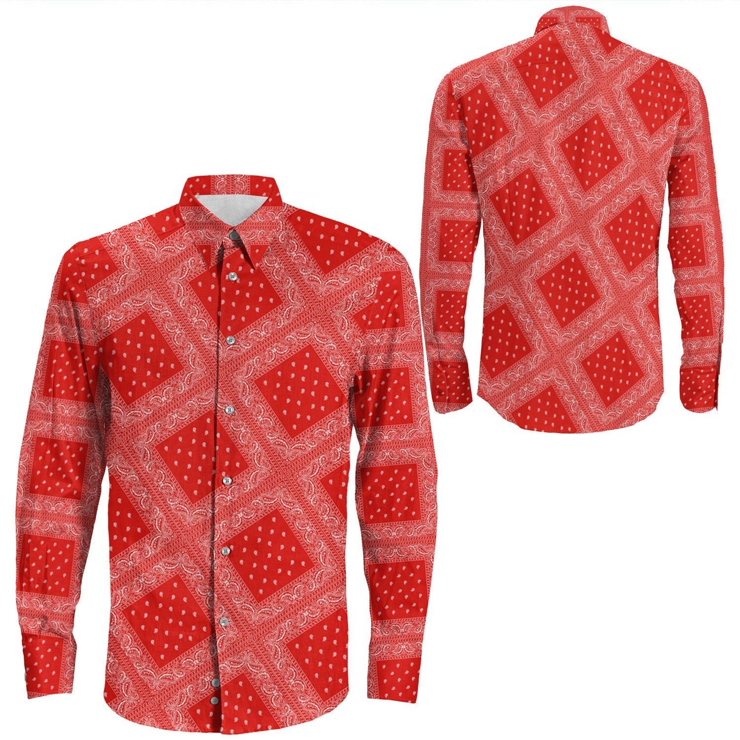 Shirt Paisley Bandana Pattern Seamless Red Long Sleeve Button Shirt