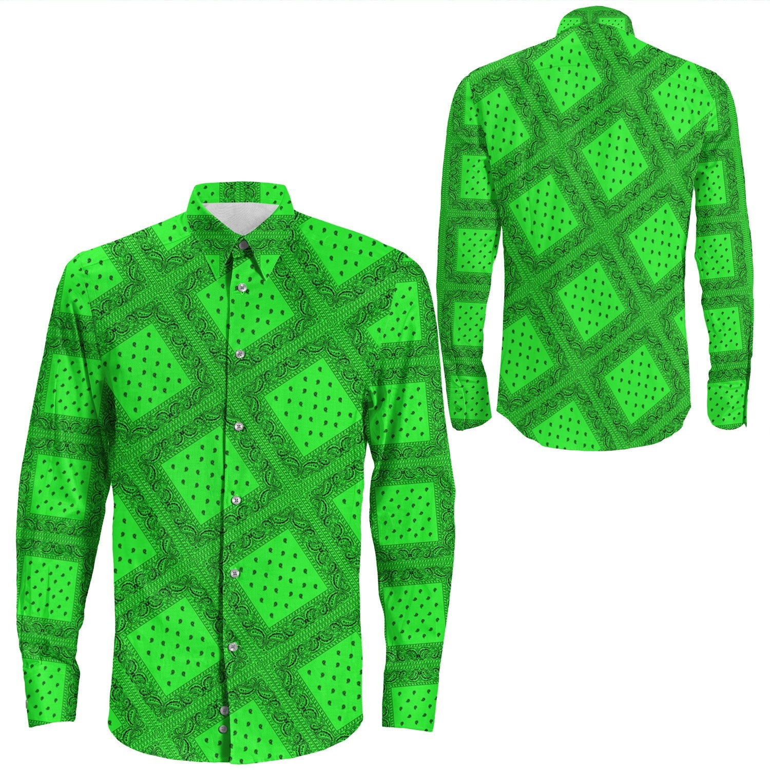 Shirt Paisley Bandana Pattern Seamless Green Long Sleeve Button Shirt