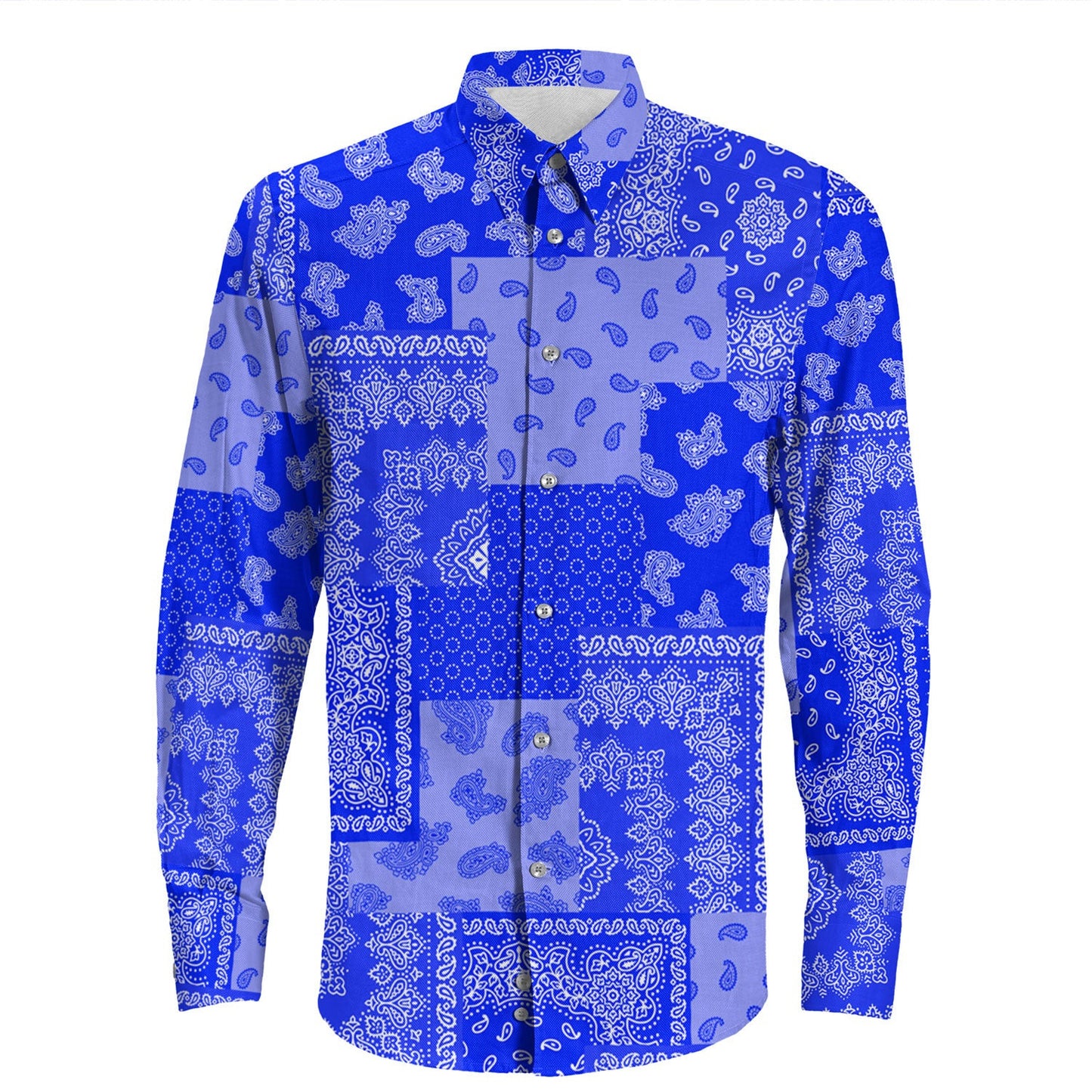 Shirt Paisley Bandana Pattern Seamless Blue Long Sleeve Button Shirt