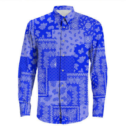 Shirt Paisley Bandana Pattern Seamless Blue Long Sleeve Button Shirt