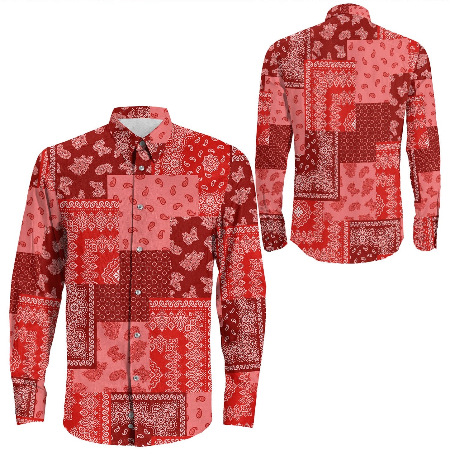Shirt Paisley Bandana Pattern Seamless Red Long Sleeve Button Shirt