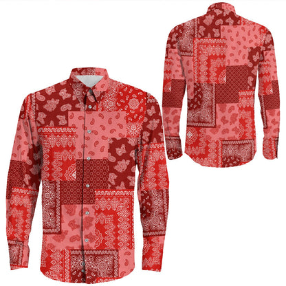 Shirt Paisley Bandana Pattern Seamless Red Long Sleeve Button Shirt
