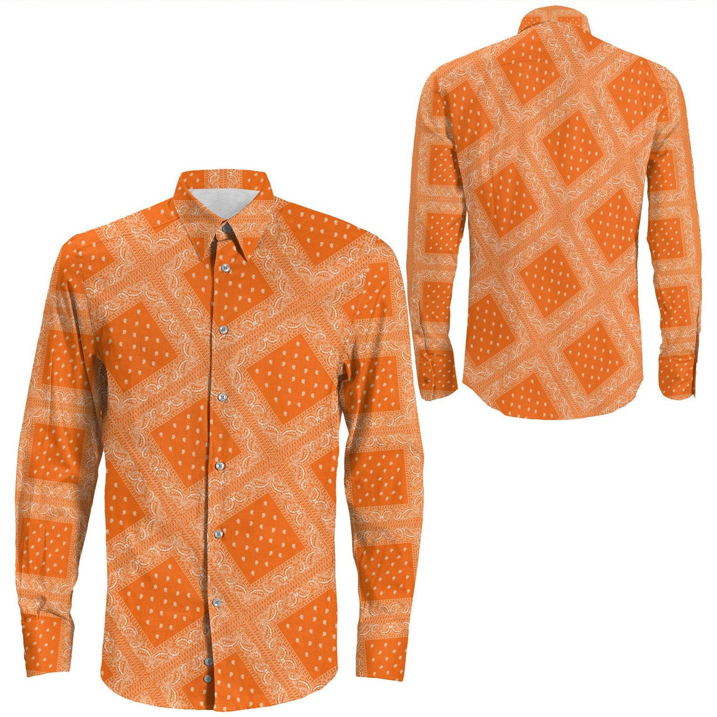 Shirt Paisley Bandana Pattern Seamless Orange Long Sleeve Button Shirt