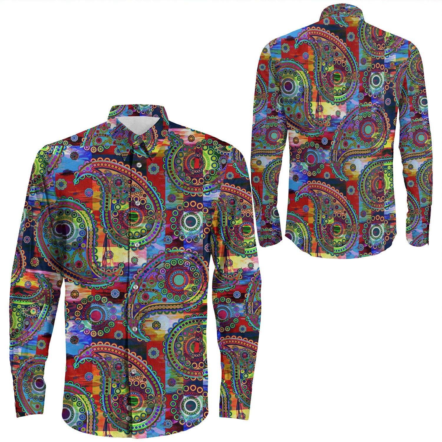 Shirt Paisley Bandana Pattern Seamless Long Sleeve Button Shirt