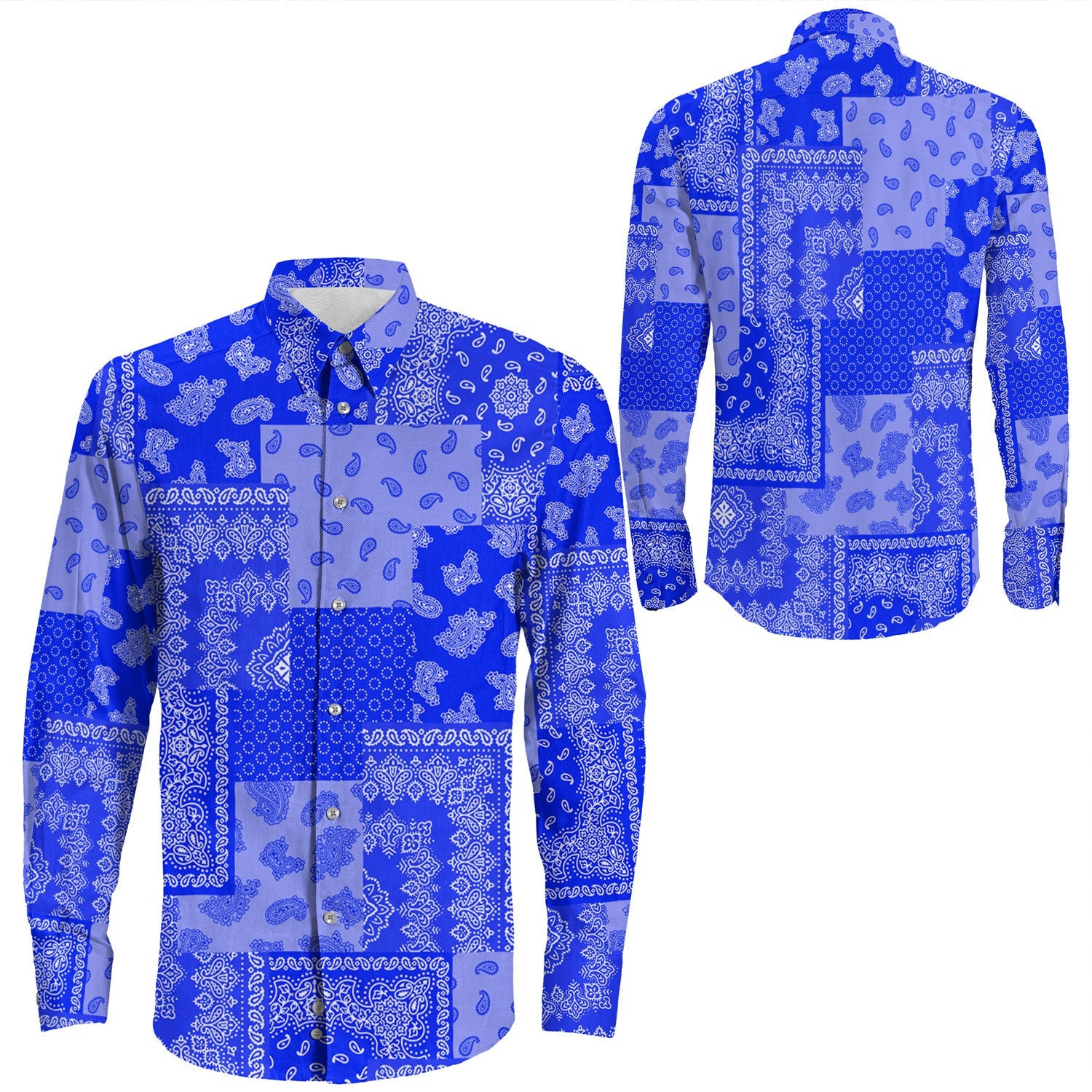 Shirt Paisley Bandana Pattern Seamless Blue Long Sleeve Button Shirt