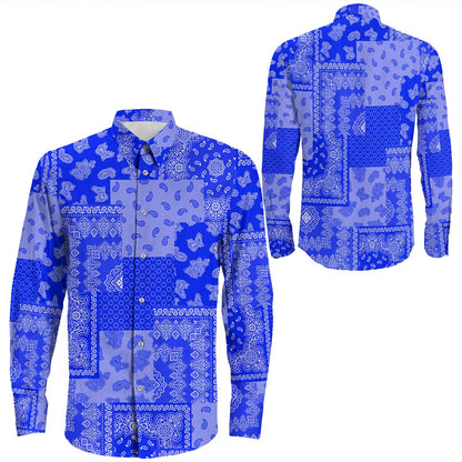 Shirt Paisley Bandana Pattern Seamless Blue Long Sleeve Button Shirt