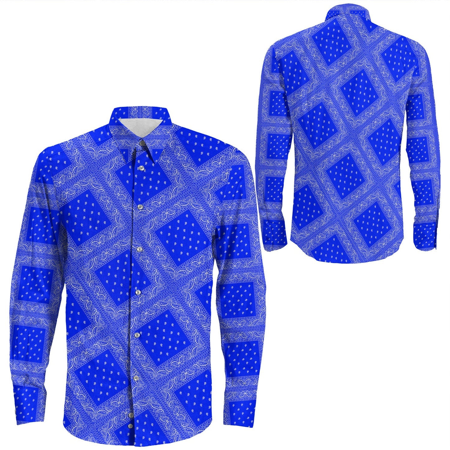 Shirt Paisley Bandana Pattern Seamless Blue Long Sleeve Button Shirt