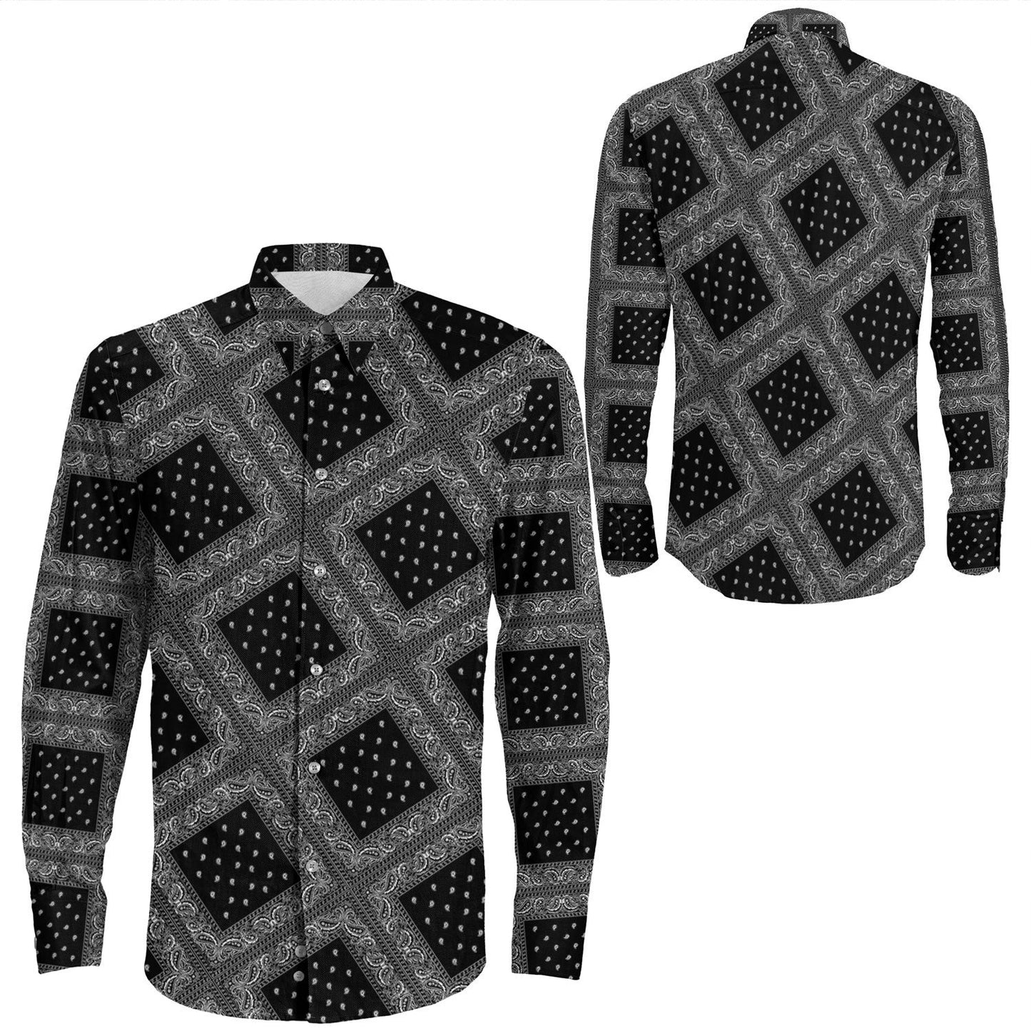 Shirt Paisley Bandana Pattern Seamless Black Long Sleeve Button Shirt