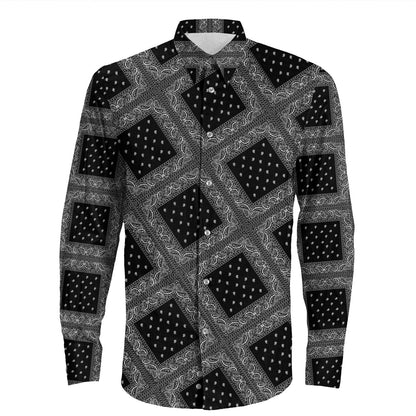 Shirt Paisley Bandana Pattern Seamless Black Long Sleeve Button Shirt