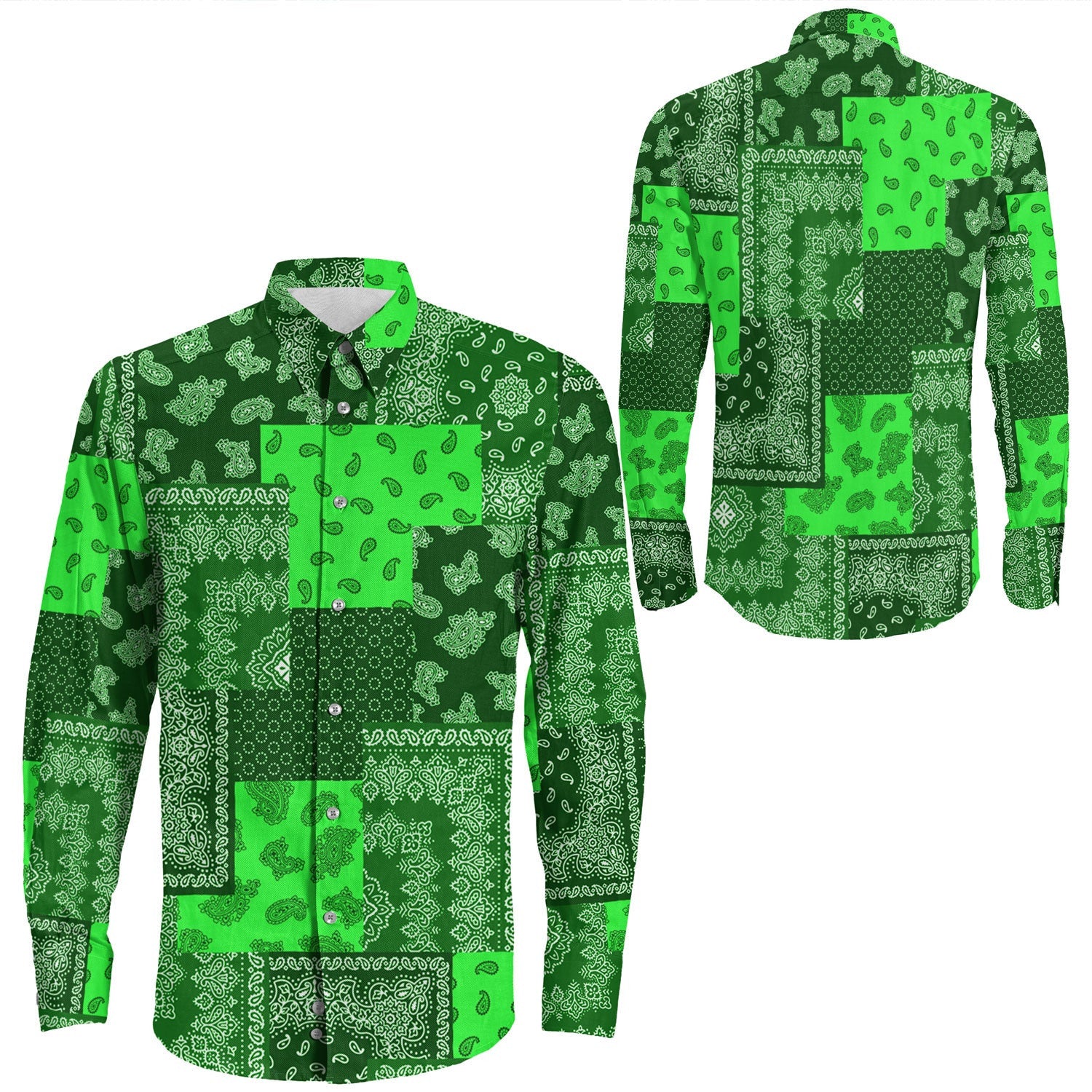 Shirt Paisley Bandana Pattern Seamless Green Long Sleeve Button Shirt