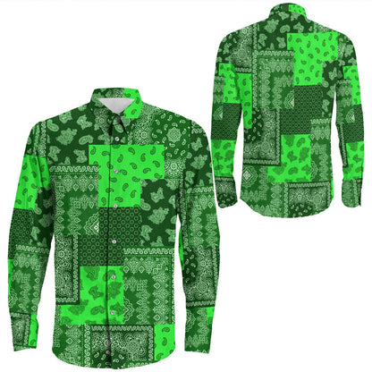 Shirt Paisley Bandana Pattern Seamless Green Long Sleeve Button Shirt