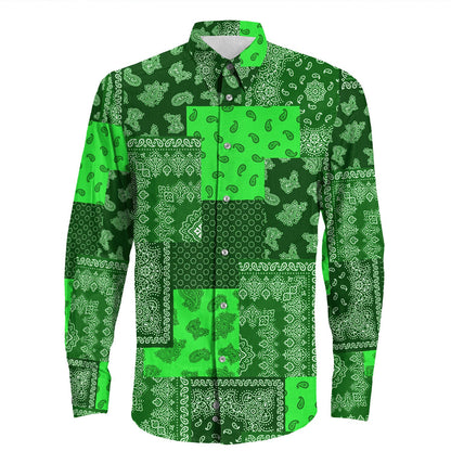 Shirt Paisley Bandana Pattern Seamless Green Long Sleeve Button Shirt