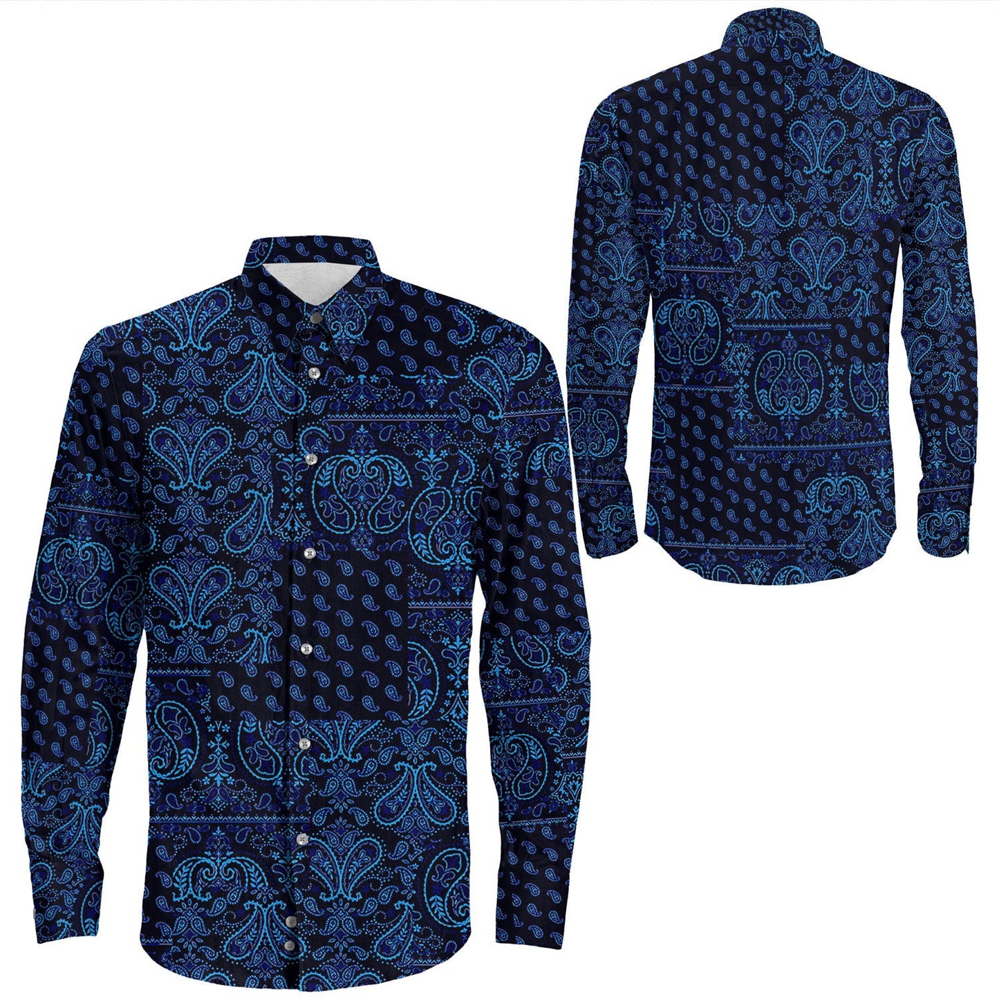 Shirt Paisley Bandana Pattern Seamless Blue Long Sleeve Button Shirt