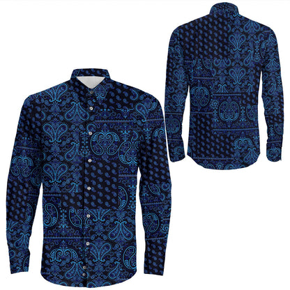 Shirt Paisley Bandana Pattern Seamless Blue Long Sleeve Button Shirt