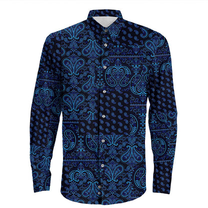 Shirt Paisley Bandana Pattern Seamless Blue Long Sleeve Button Shirt