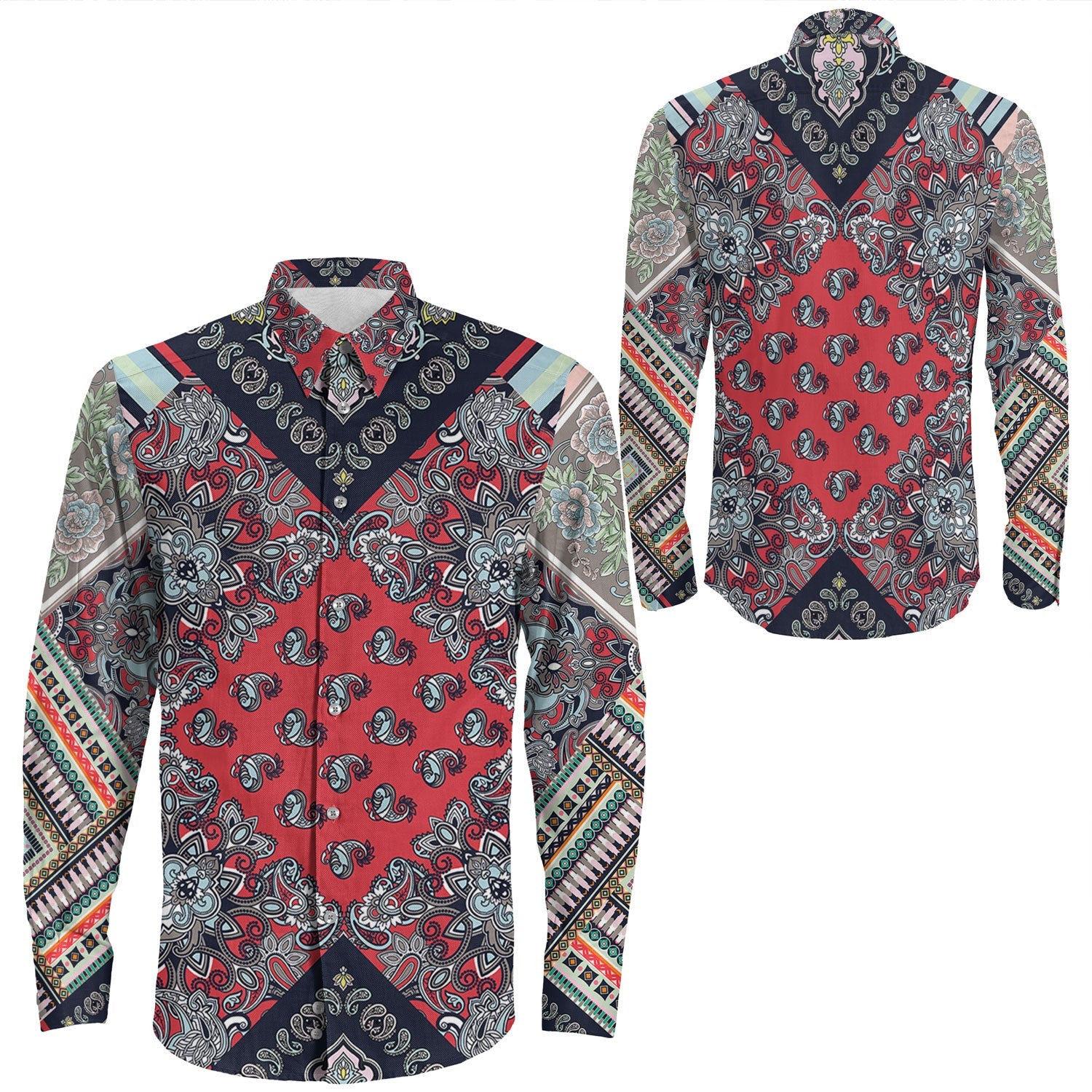 Shirt Paisley Bandana Pattern Seamless Long Sleeve Button Shirt