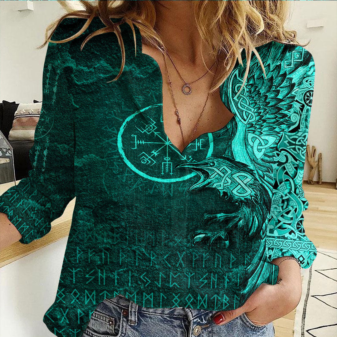 Clothing Vegvisir With Raven Viking Compass Casual Shirt Cyan Version