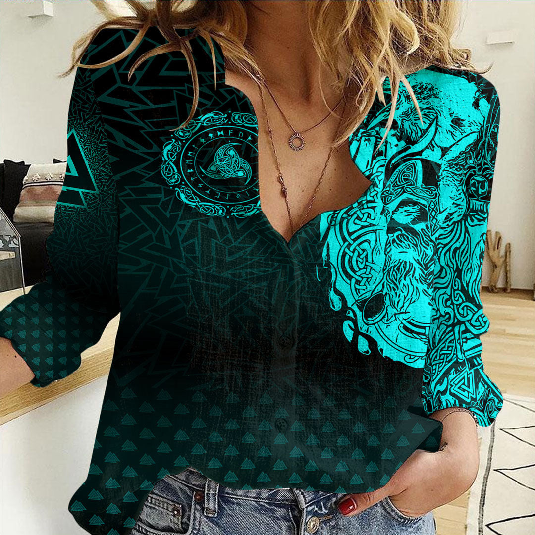 Clothing Viking Odin Raven Tattoo Style Cyan Version Casual Shirt
