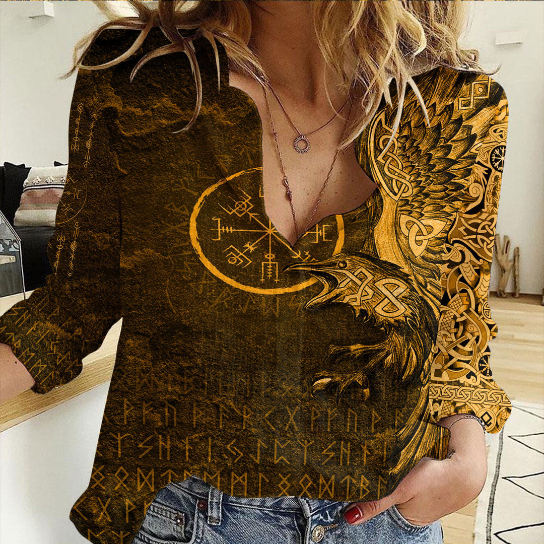 Clothing Vegvisir With Raven Viking Compass Gold Version Casual Shirt