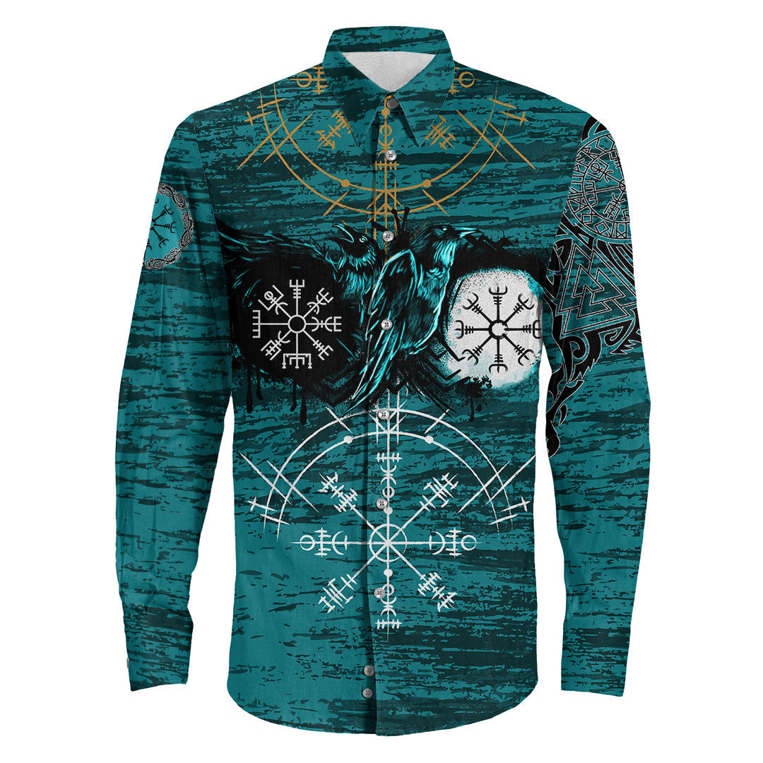 Raven Of Odin And Symbol Cyan Long Sleeve Button Shirt