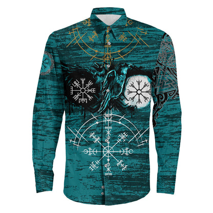 Raven Of Odin And Symbol Cyan Long Sleeve Button Shirt