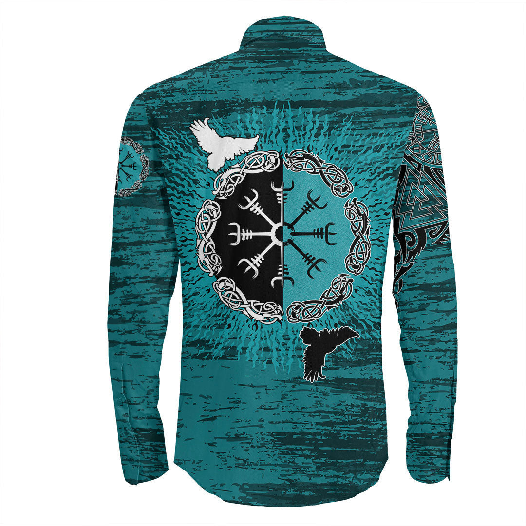 Raven Of Odin And Symbol Cyan Long Sleeve Button Shirt