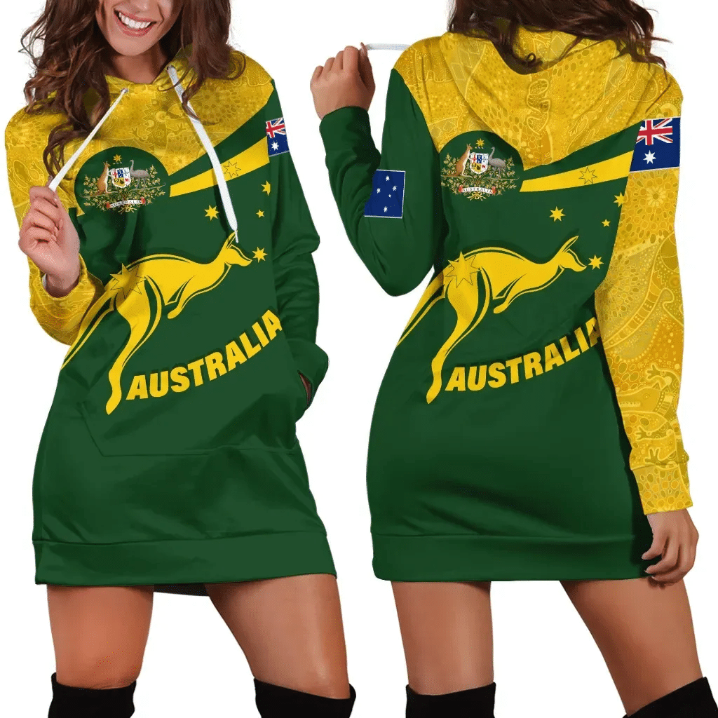 Australia Hoodie Dress, Australia Round Kangaroo Aboriginal Green