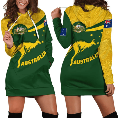 Australia Hoodie Dress, Australia Round Kangaroo Aboriginal Green