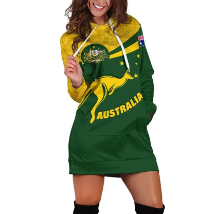 Australia Hoodie Dress, Australia Round Kangaroo Aboriginal Green