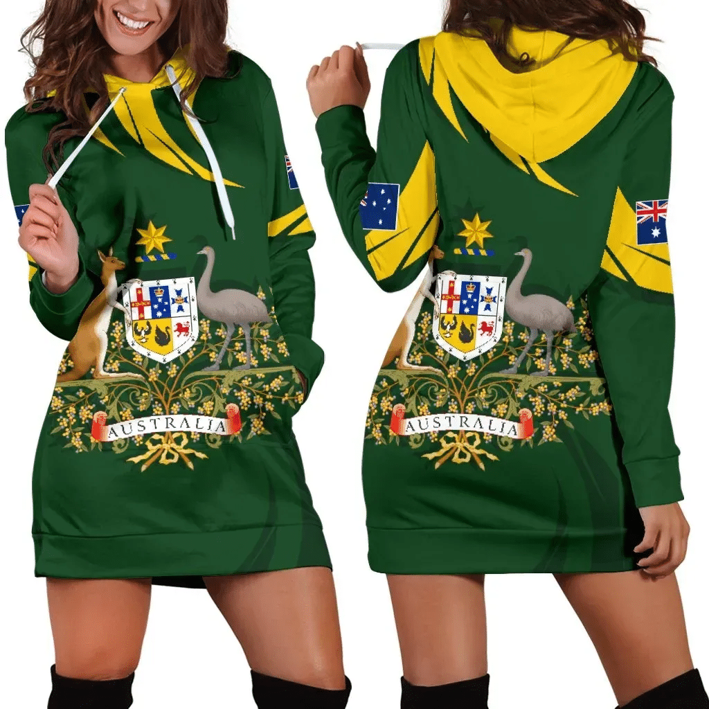 Australia Women's Hoodie Dress, Australia Coat Of Arms Green