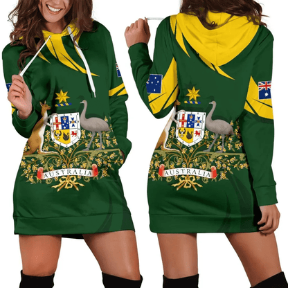 Australia Women's Hoodie Dress, Australia Coat Of Arms Green