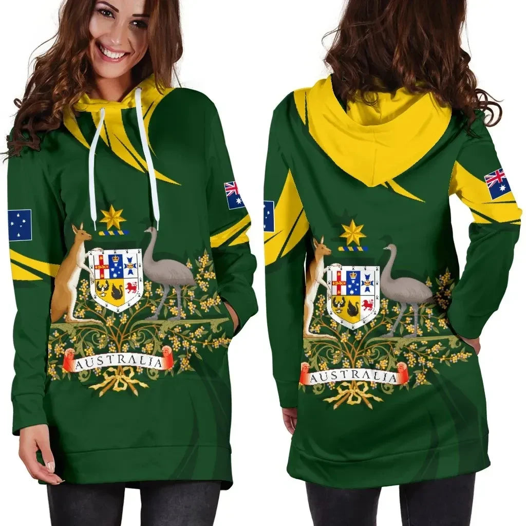 Australia Women's Hoodie Dress, Australia Coat Of Arms Green