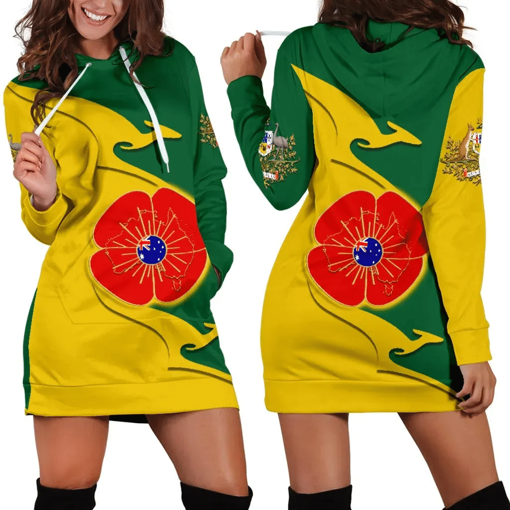 Australia Anzac Hoodie Dress Lest We Forget Poppy Map Kangaroo K4
