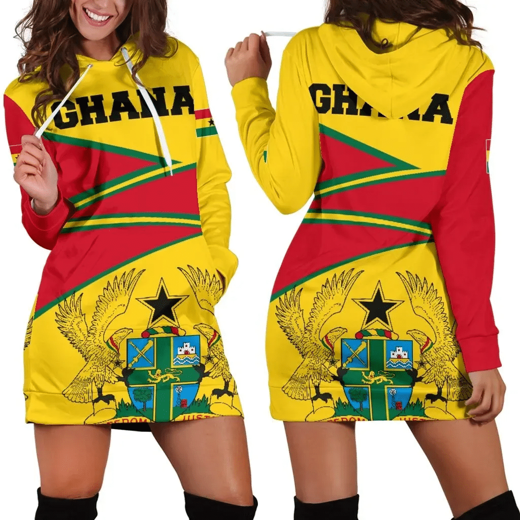 Ghana Hoodie Dress, Ghana Strong Coat of Arms Red Women