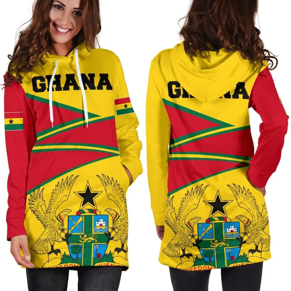 Ghana Hoodie Dress, Ghana Strong Coat of Arms Red Women