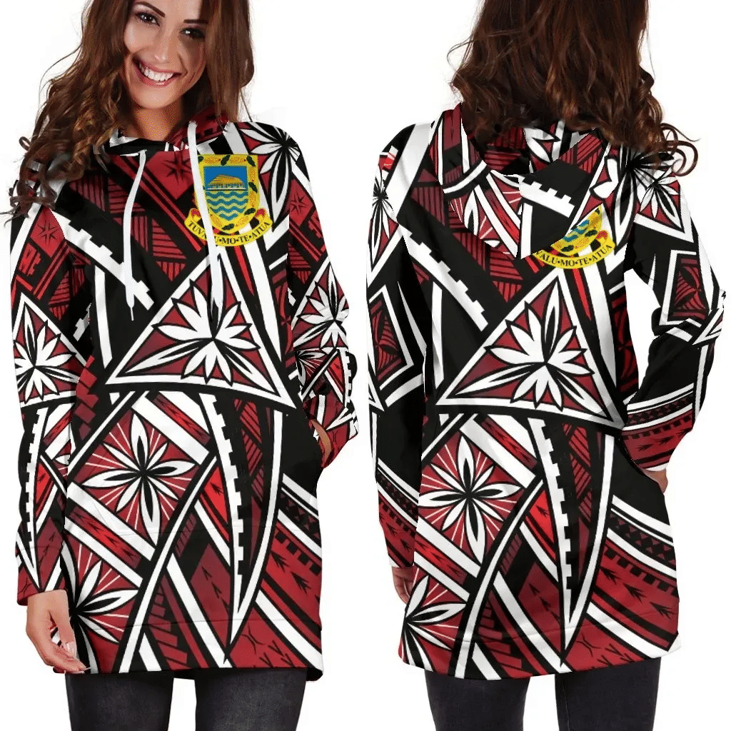 Tuvalu Women's Hoodie Dress Tribal Flower Special Pattern Red Color B