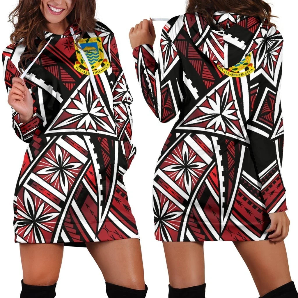 Tuvalu Women's Hoodie Dress Tribal Flower Special Pattern Red Color B